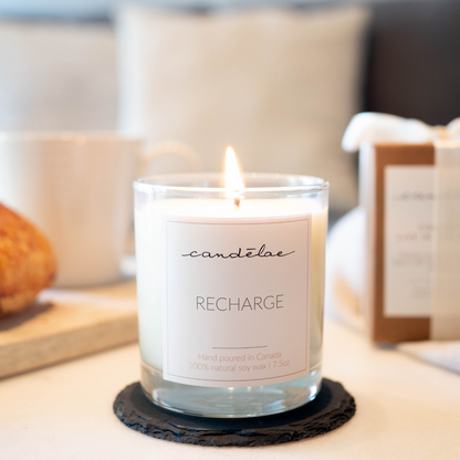 Recharge candle and its premium soy wax and cotton wick is lighted up for breakfast and brunch